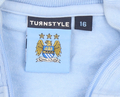 Brand and care label for Turnstyle boys’ blue mcfc track jacket, size 16, regular fit full zip