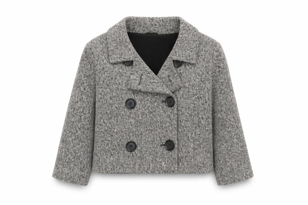 Marks & Spencer Women’s Black and White Wool Blend Double-Breasted Cropped Pea Coat Size 16