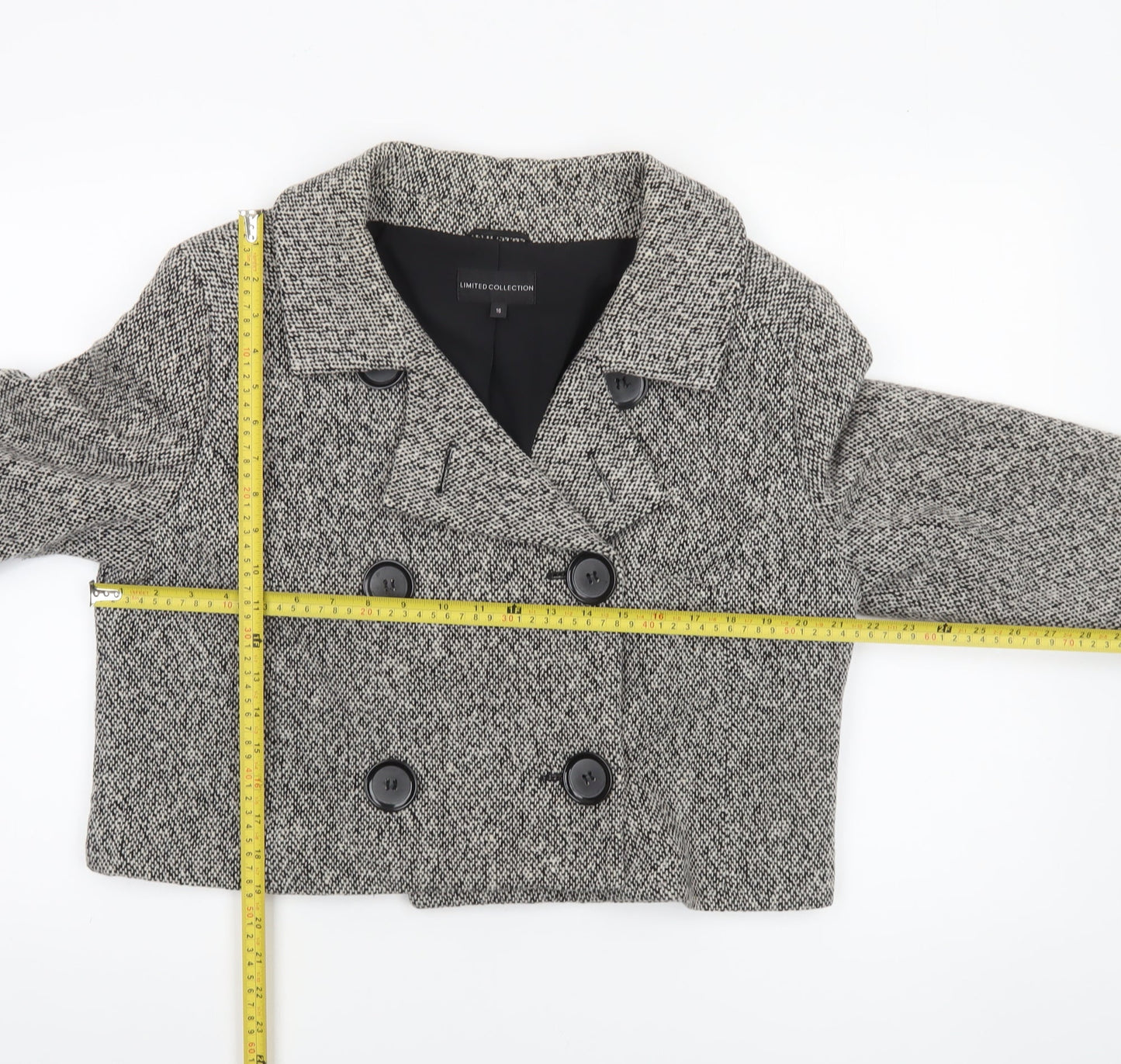 Marks and Spencer Women’s Black and White Wool Blend Double-Breasted Cropped Pea Coat Size 16
