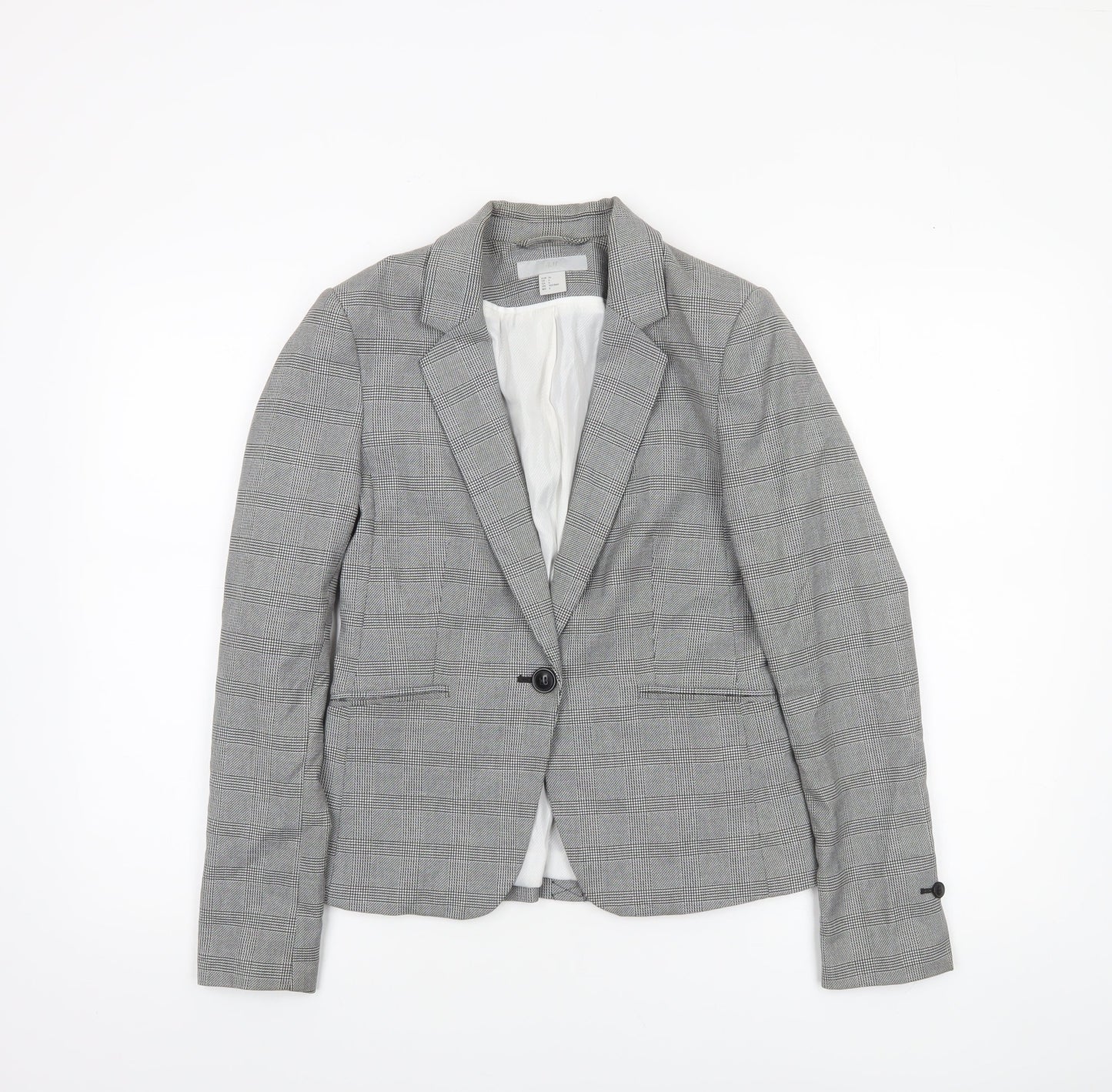 H&M Women Grey Check Blazer Size 8 Single-Breasted Tailored Jacket