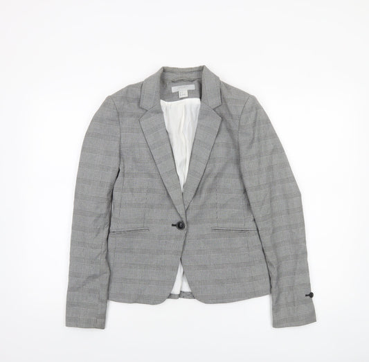 H&M Women Grey Check Blazer Size 8 Single-Breasted Tailored Jacket