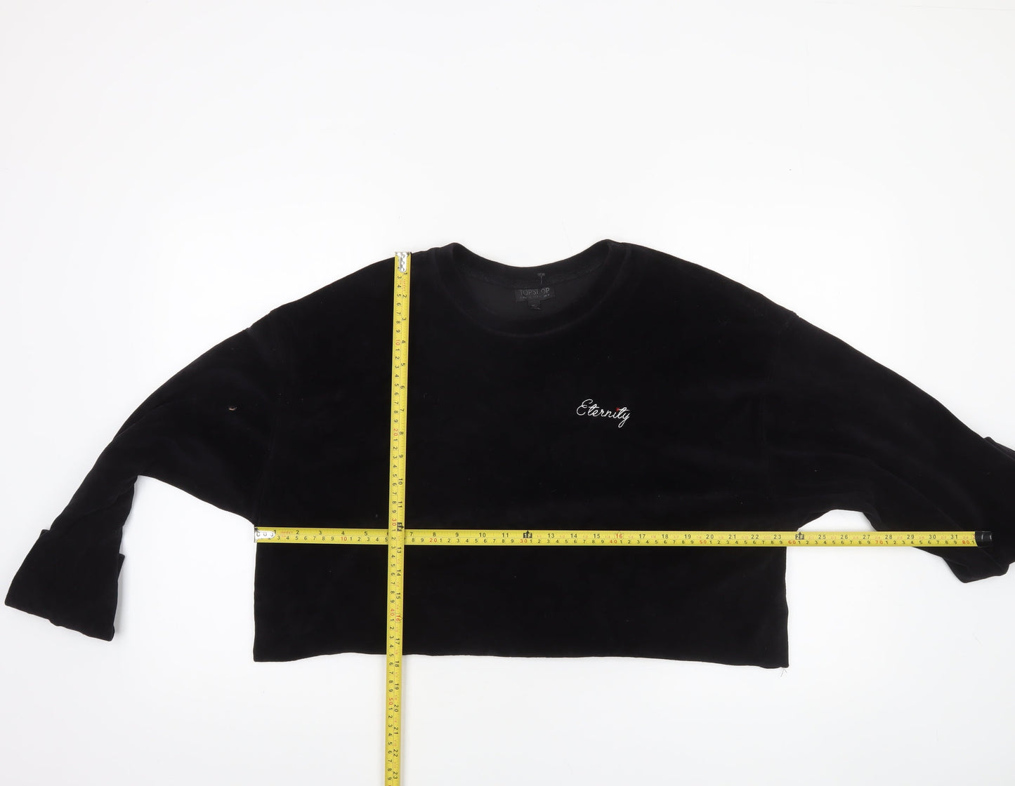 Topshop Women Black Velvet Cropped Pullover Sweatshirt Size M