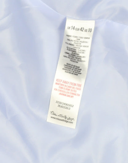Brand and care label for Miss Selfridge Women Blue, size 14, Shawl Collar Blazer Jacket