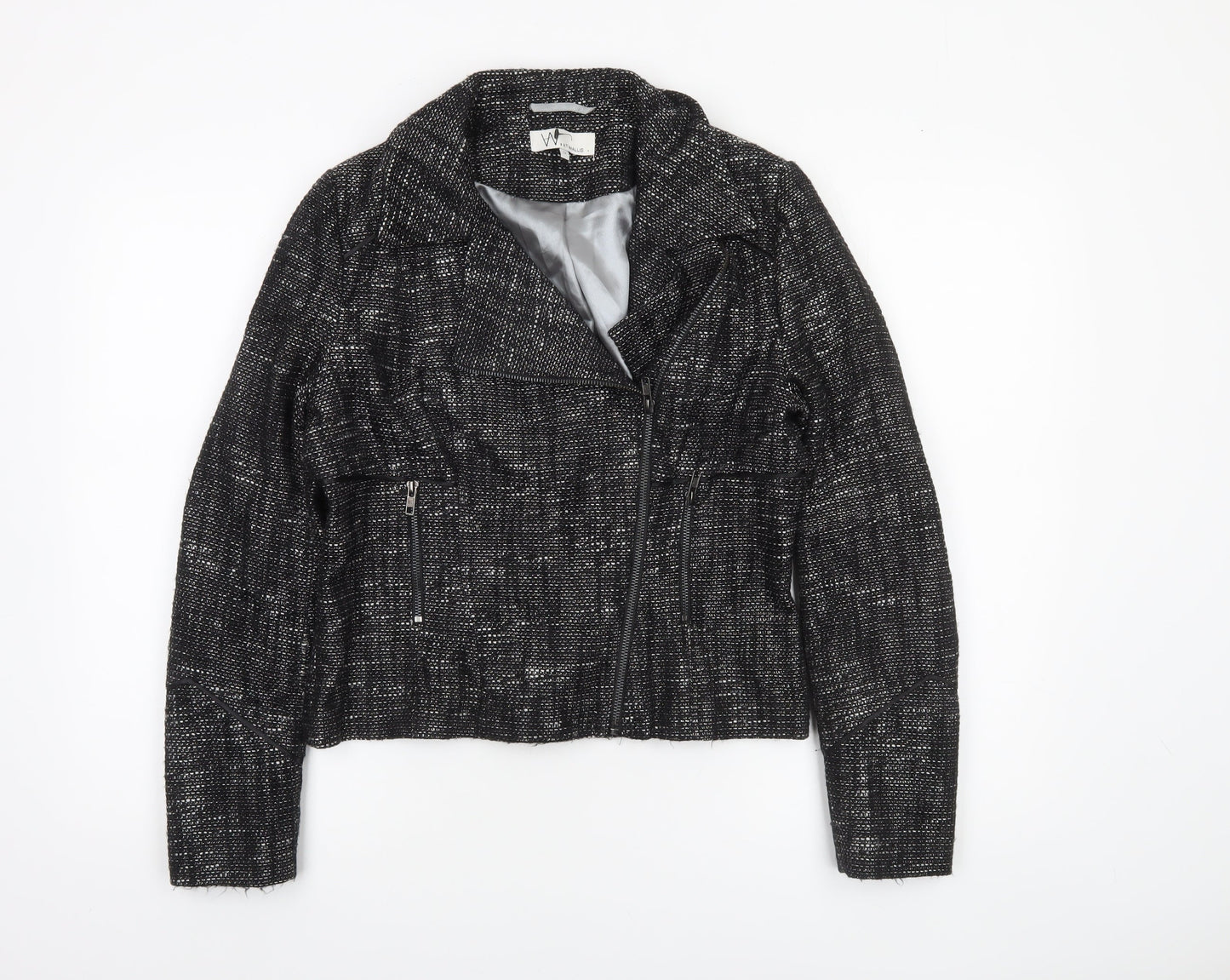 Wallis Womens Black Metallic Tweed Biker Jacket Size 12