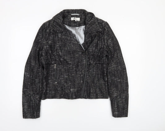 Wallis Womens Black Metallic Tweed Biker Jacket Size 12