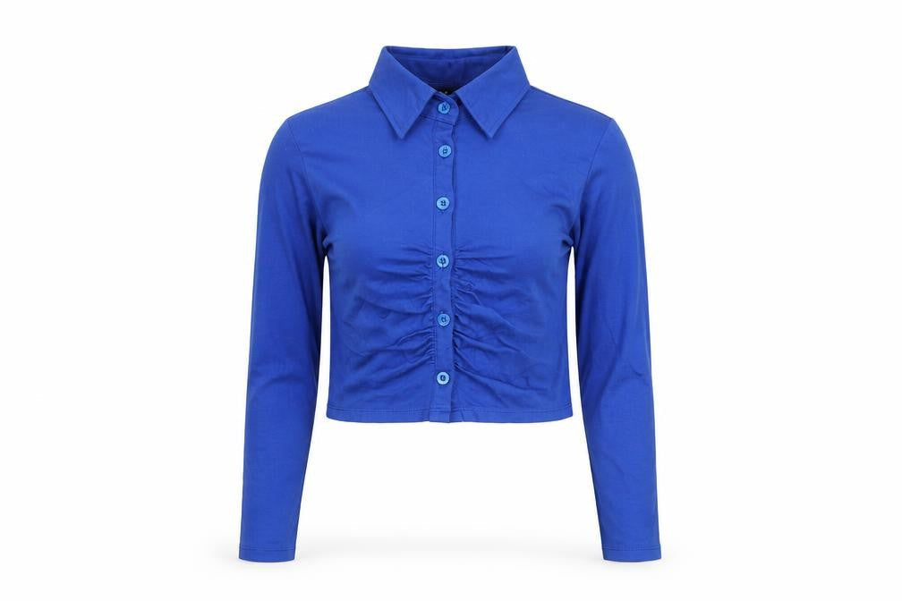 Motel Rocks Women's Blue Cropped Button-Up Long Sleeve Collared Shirt 2XS