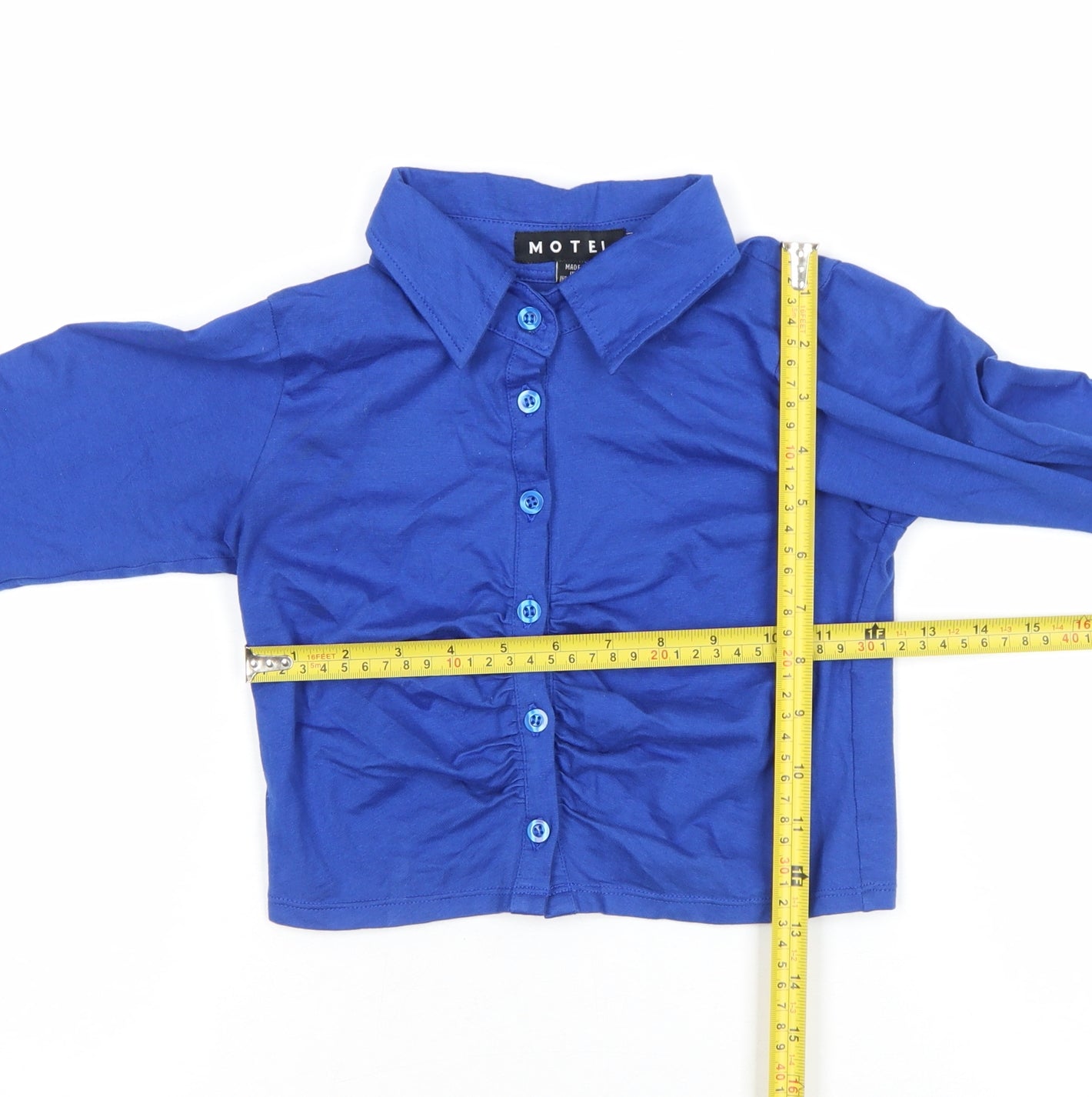 Motel Women's Blue Cropped Button-Up Long Sleeve Collared Shirt 2XS