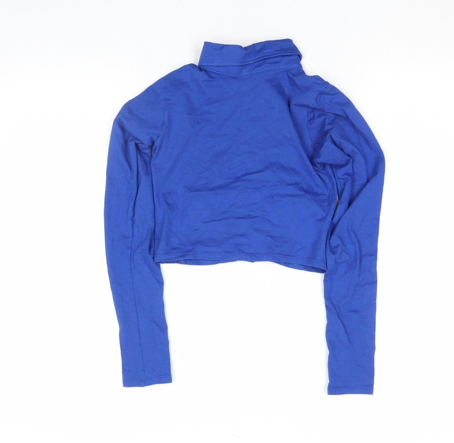 Motel Women's Blue Cropped Button-Up Long Sleeve Collared Shirt 2XS