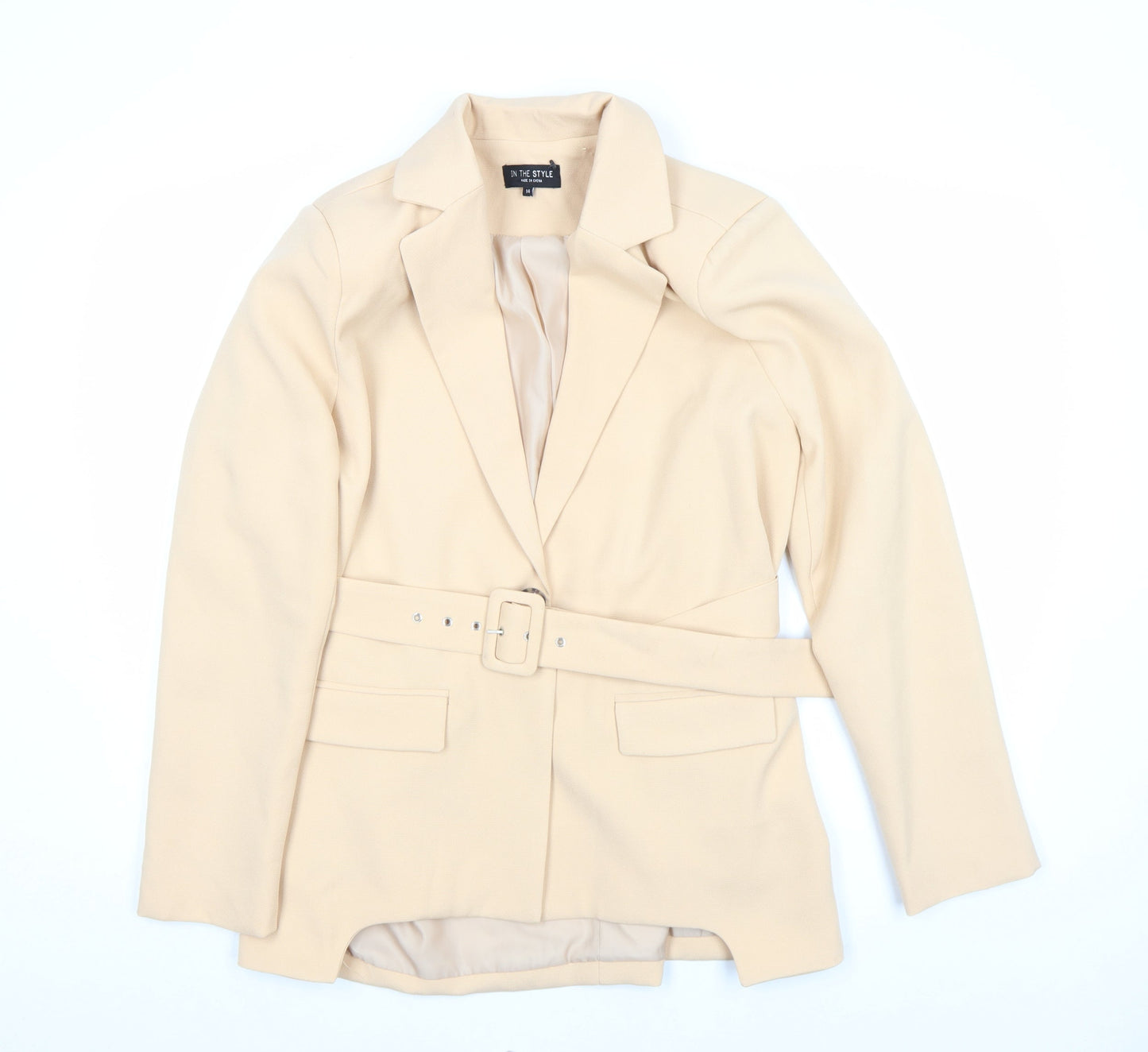 In The Style Womens Beige Belted Blazer Jacket Size 14