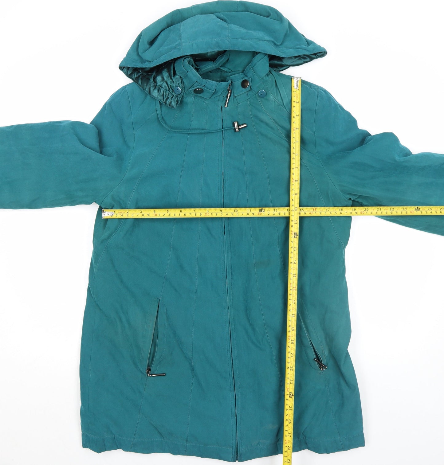 Bm Women Green Hooded Parka Coat Size S Long Zip Casual Jacket