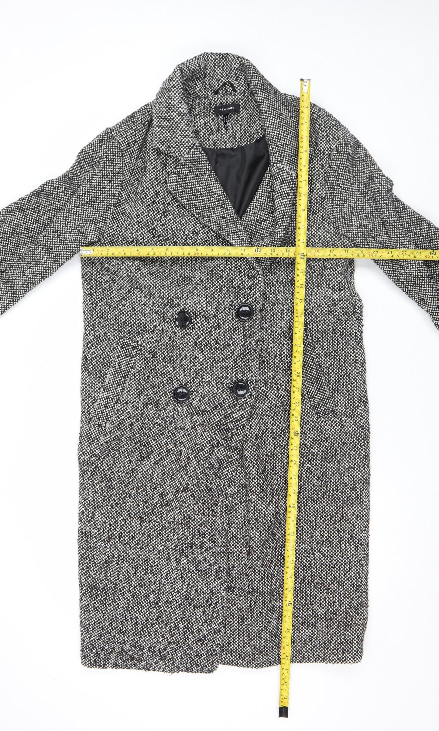 New Look Women's Black Tweed Double-Breasted Pea Coat Size 10