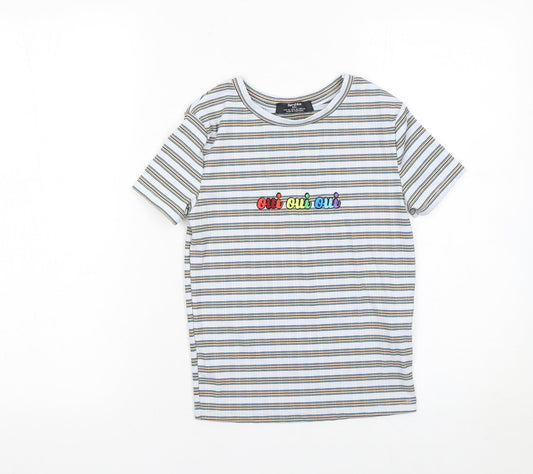 Bershka Women’s Multicoloured Striped Embroidered Oui Oui Oui T-Shirt XS