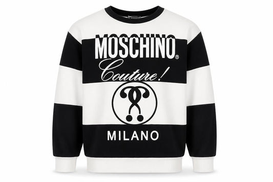 Front view of Moschino Teen boys’ black & white striped logo sweatshirt 12 years