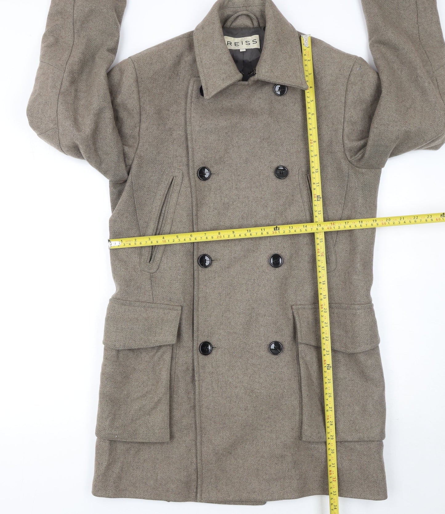 Reiss Women's Beige Wool Pea Coat Size S Classic Mid-Length