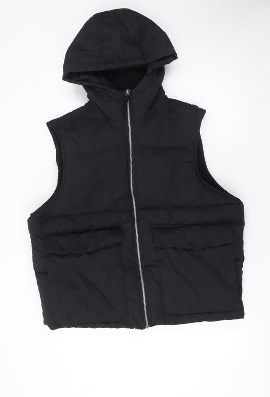 Zara Women Black Hooded Puffer Waistcoat Lined Zip Vest Size L
