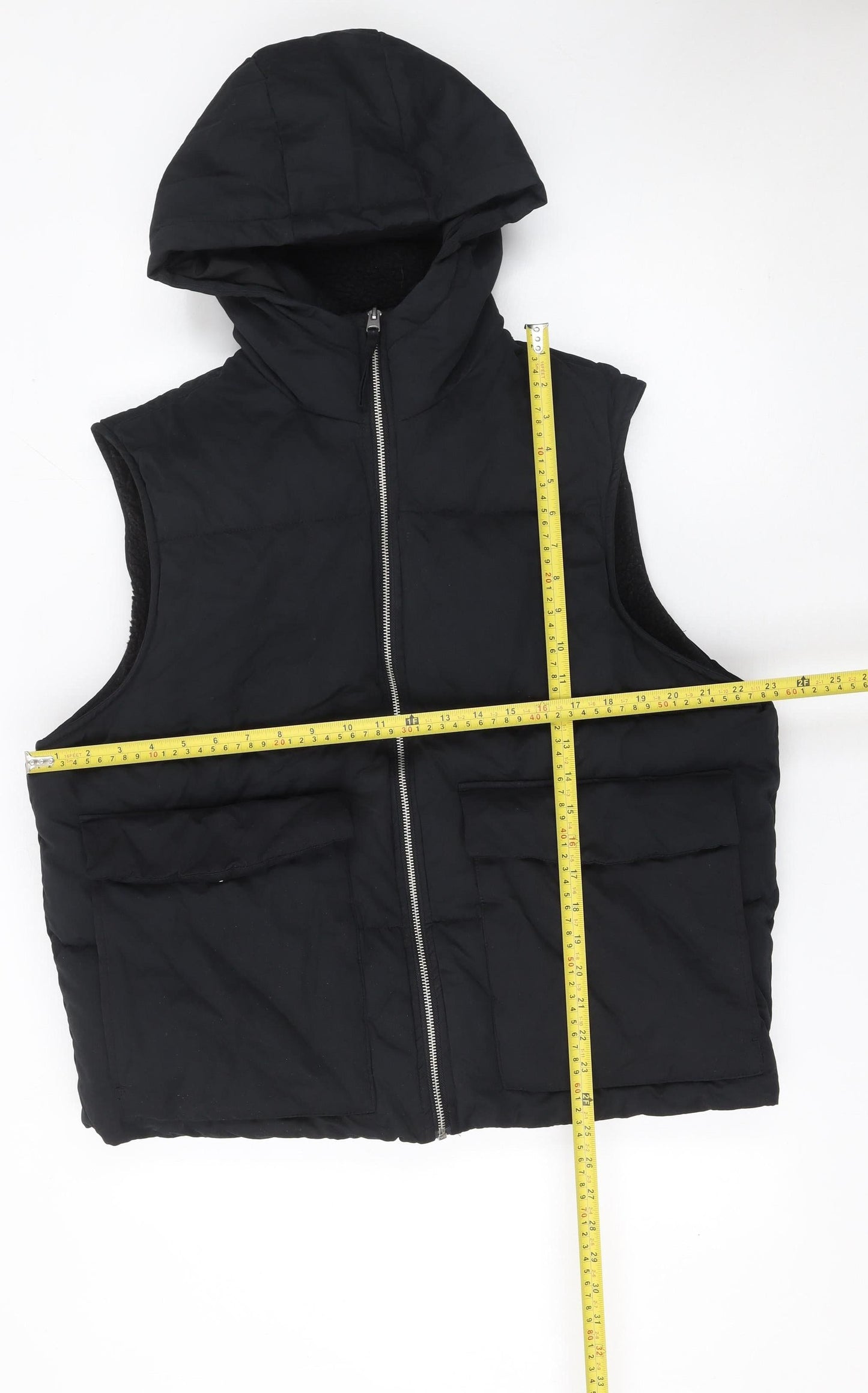 Zara Women Black Hooded Puffer Waistcoat Lined Zip Vest Size L