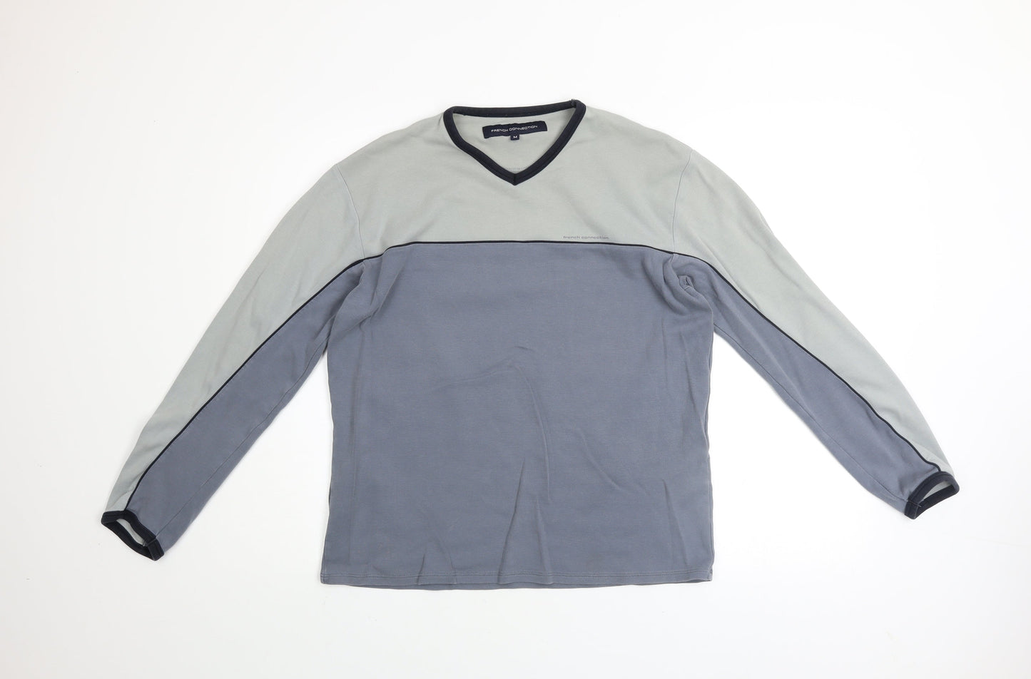 French Connection Men's Grey Colourblock V-Neck Cotton Top M