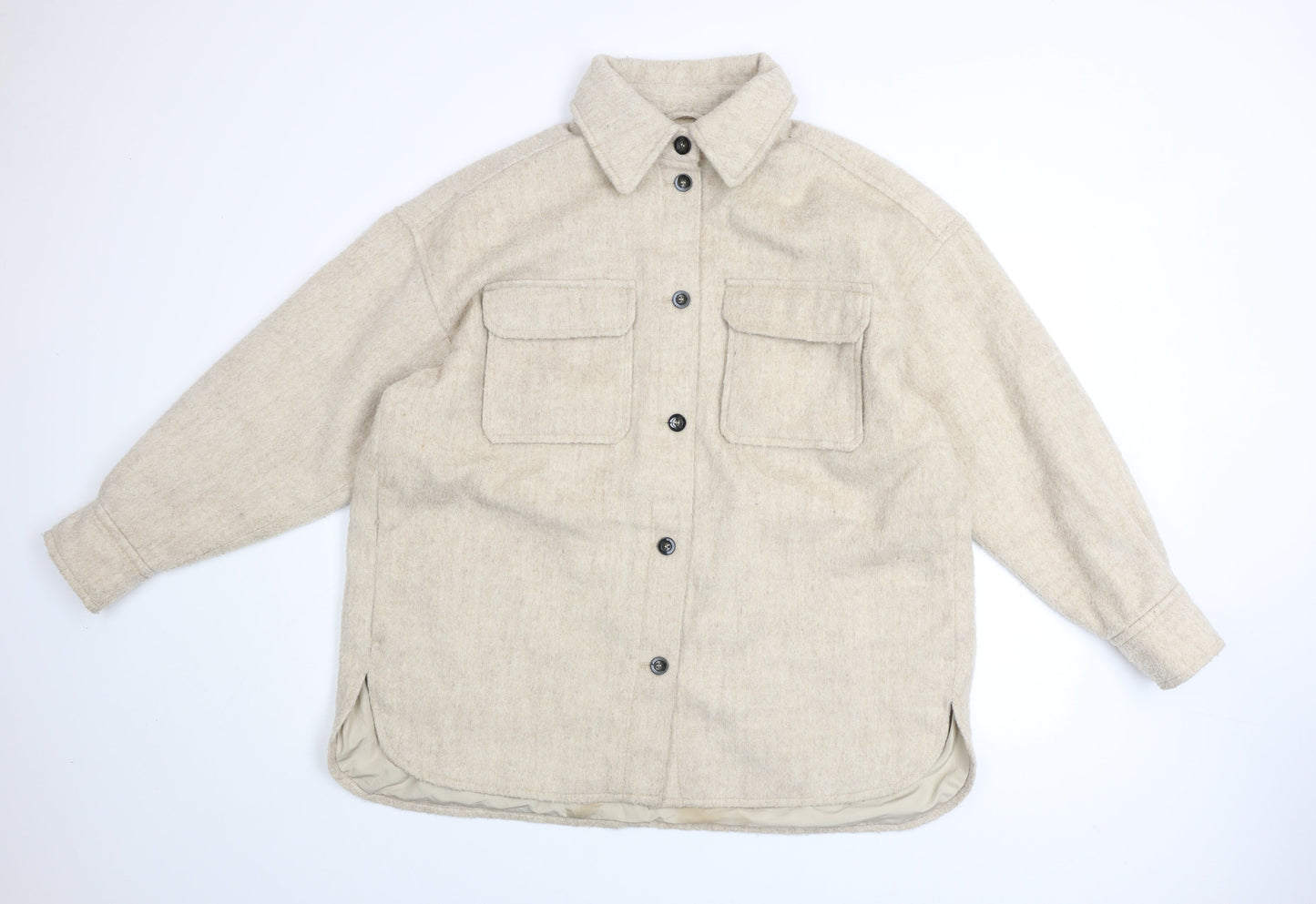 H&M Men's Beige Wool Blend Button Jacket L Casual Mid-Length