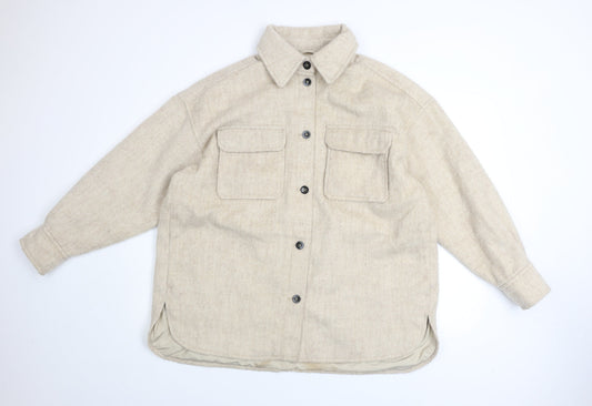 H&M Men's Beige Wool Blend Button Jacket L Casual Mid-Length