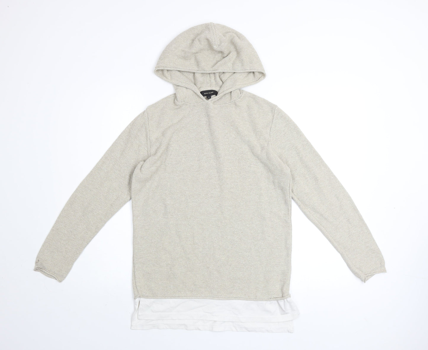 River Island Men Beige Knit Pullover Hoodie Size S Regular Fit