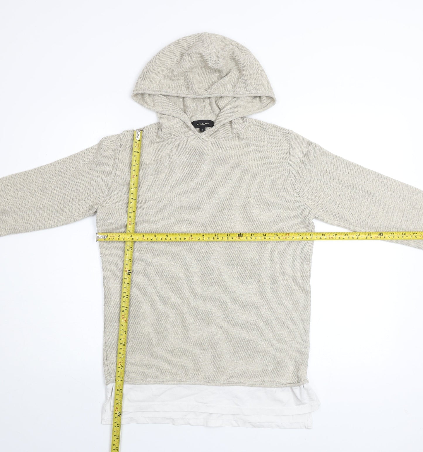 River Island Men Beige Knit Pullover Hoodie Size S Regular Fit