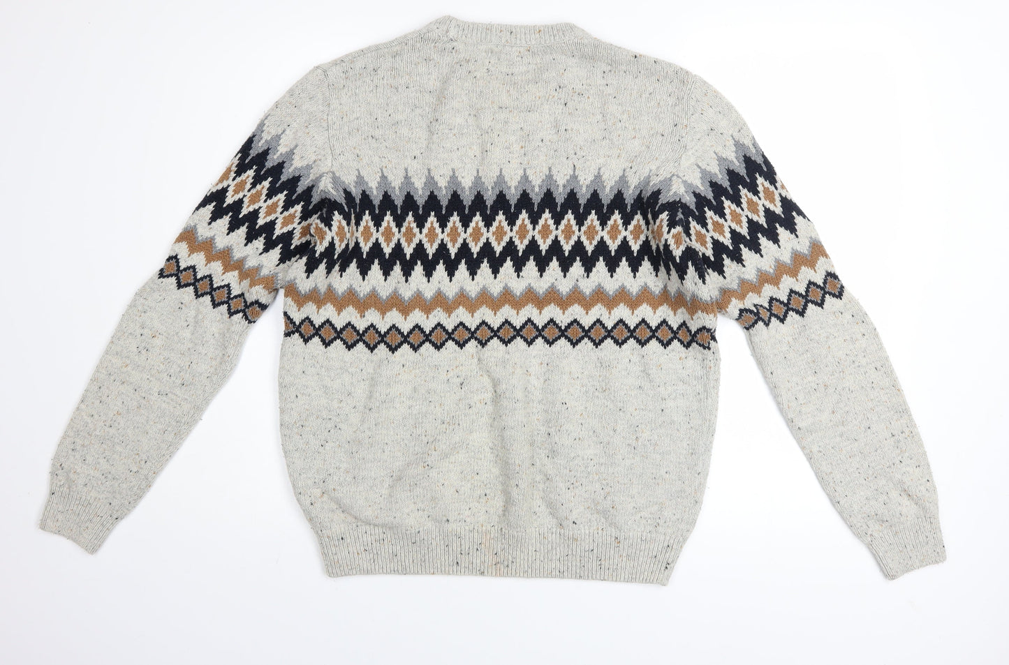 Next Men Beige Fair Isle Knit Jumper L Crew Neck Cotton Blend