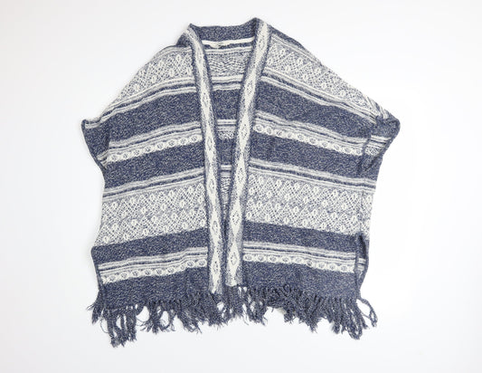 FatFace Women Blue Open-Knit Striped Cotton Cape M