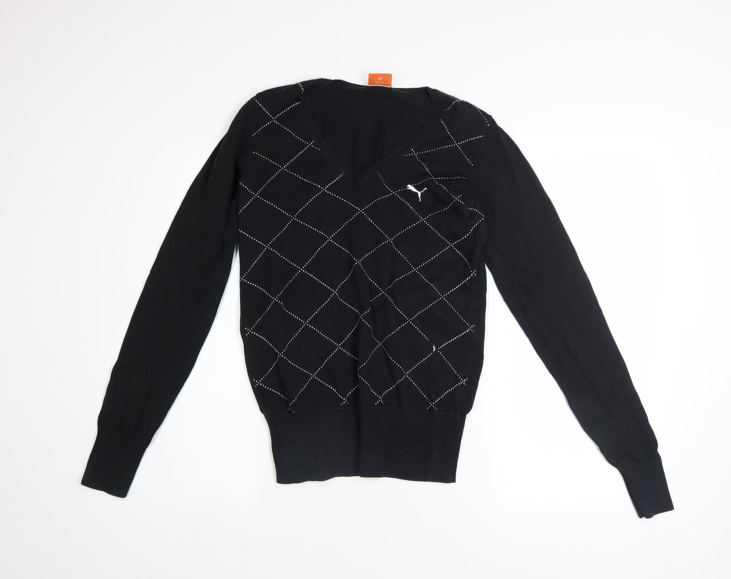 Puma Womens Black V-Neck Argyle Knit Jumper Size 10