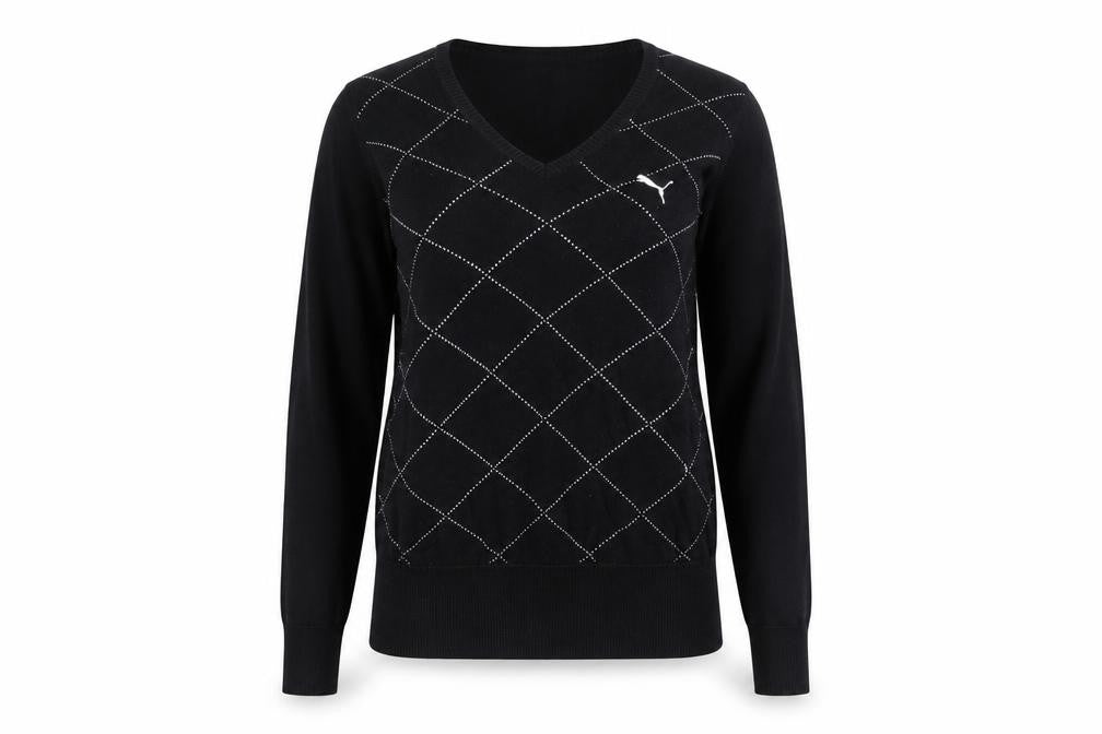 Puma Womens Black V-Neck Argyle Knit Jumper Size 10