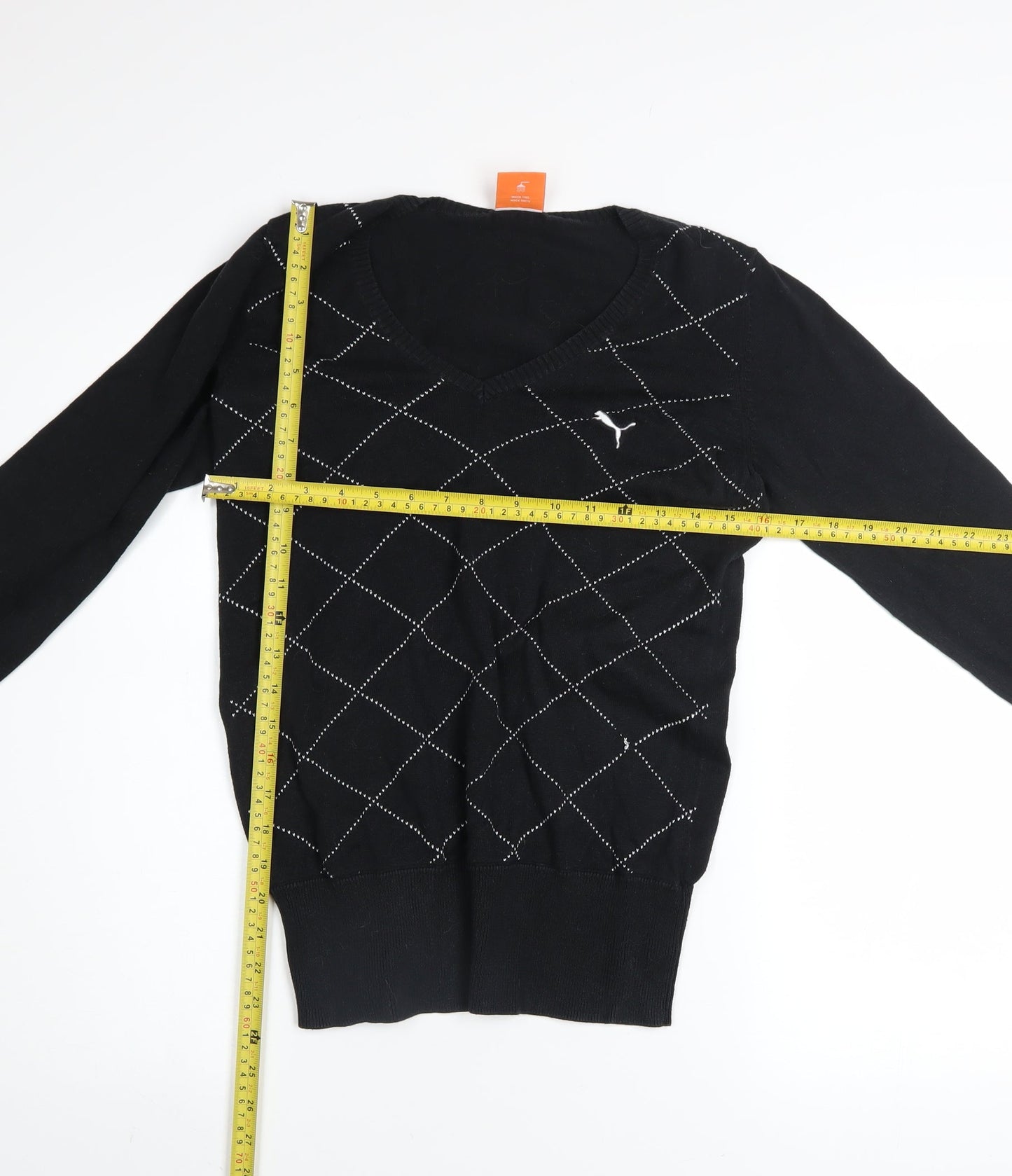 Puma Womens Black V-Neck Argyle Knit Jumper Size 10