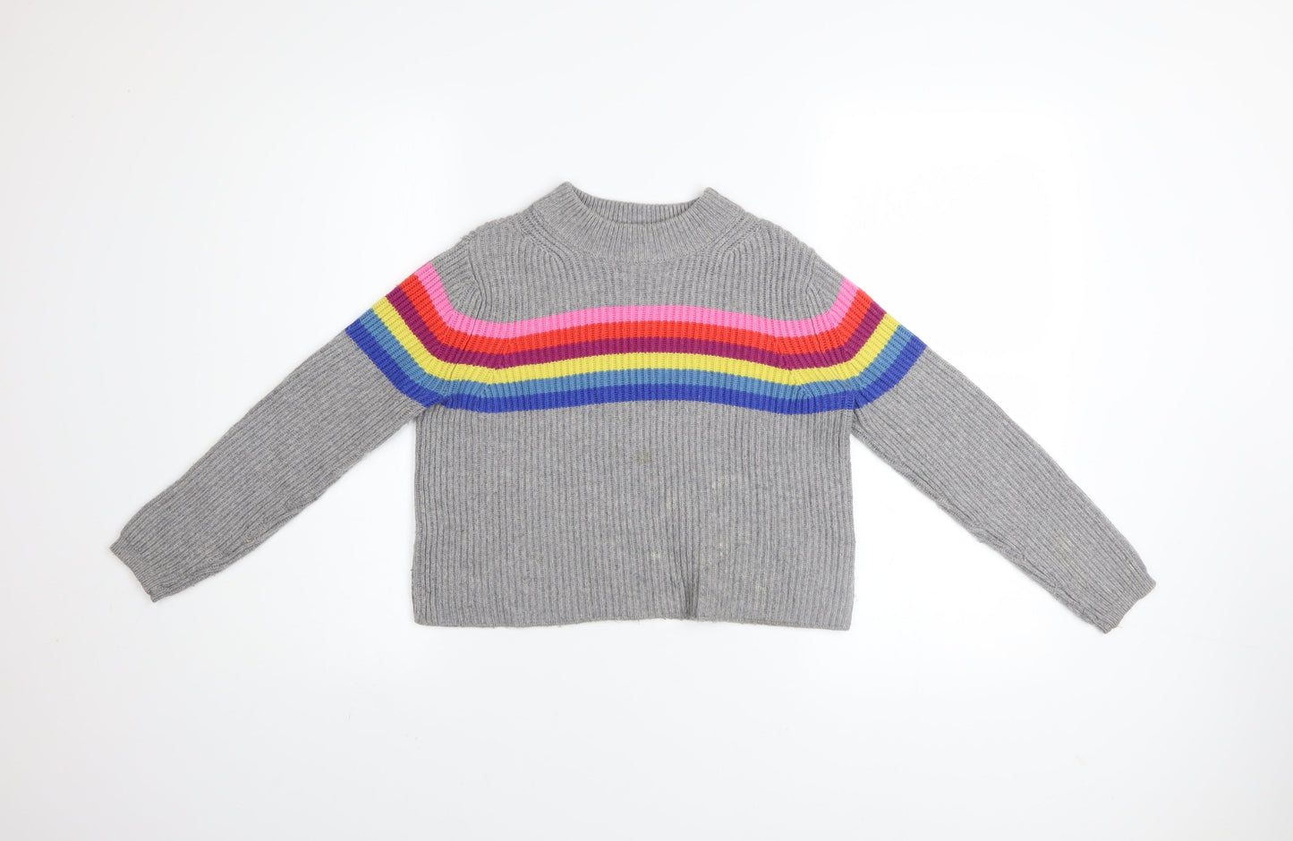 Johnnie B Girls Grey Rainbow Stripe Knit Jumper 9-10 Years Merino Blend