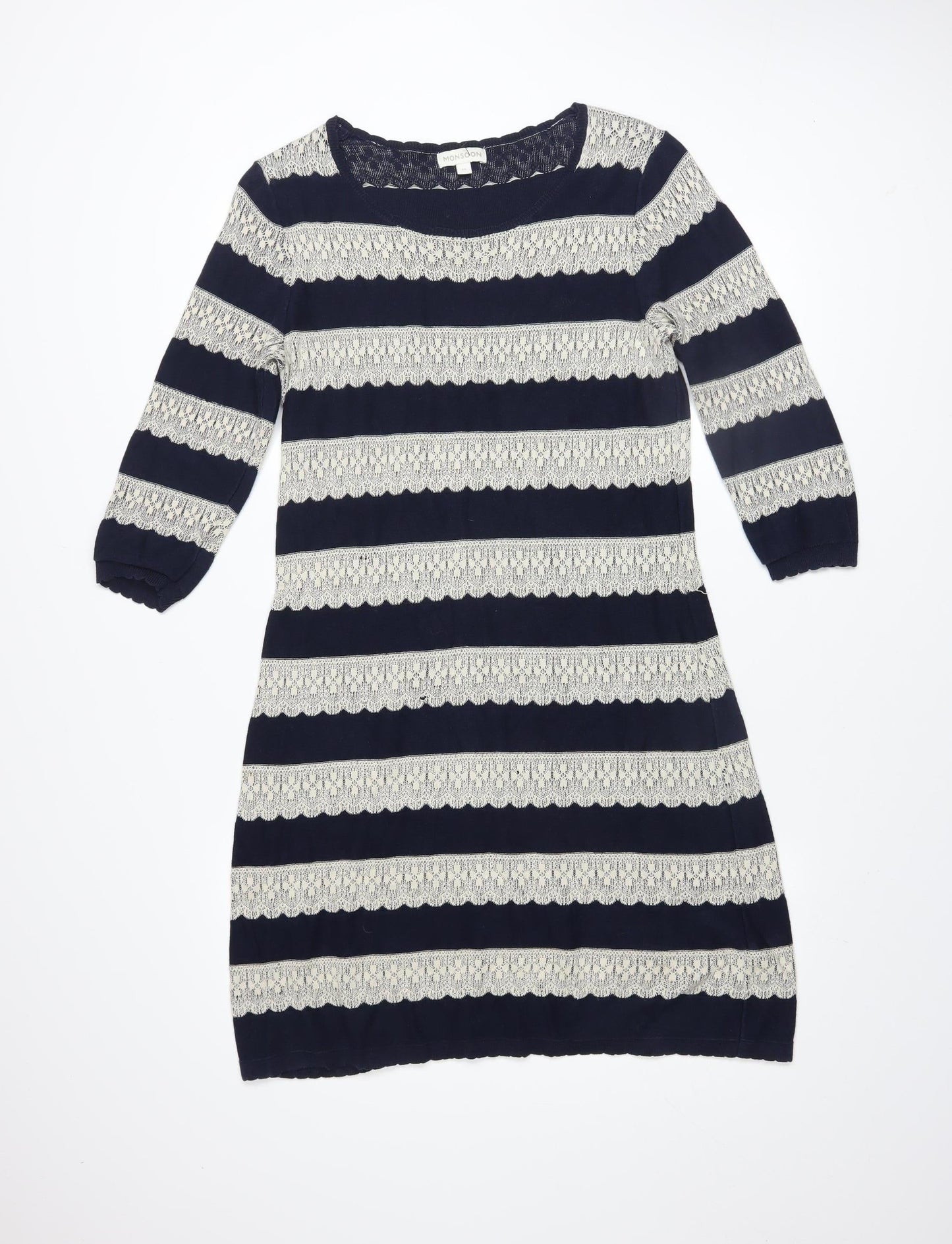 Monsoon Women Blue Striped Cotton Shift Dress Size M 3/4 Sleeve