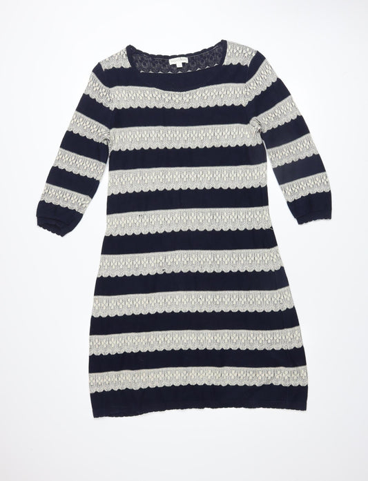 Monsoon Women Blue Striped Cotton Shift Dress Size M 3/4 Sleeve