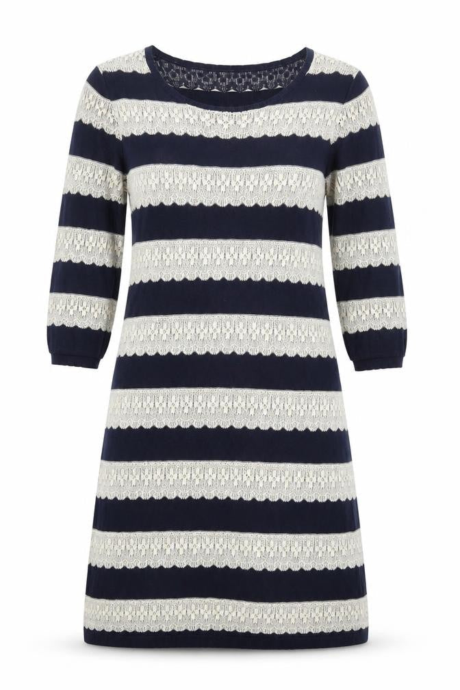 Monsoon Women Blue Striped Cotton Shift Dress Size M 3/4 Sleeve