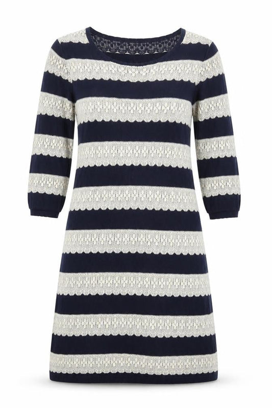 Monsoon Women Blue Striped Cotton Shift Dress Size M 3/4 Sleeve