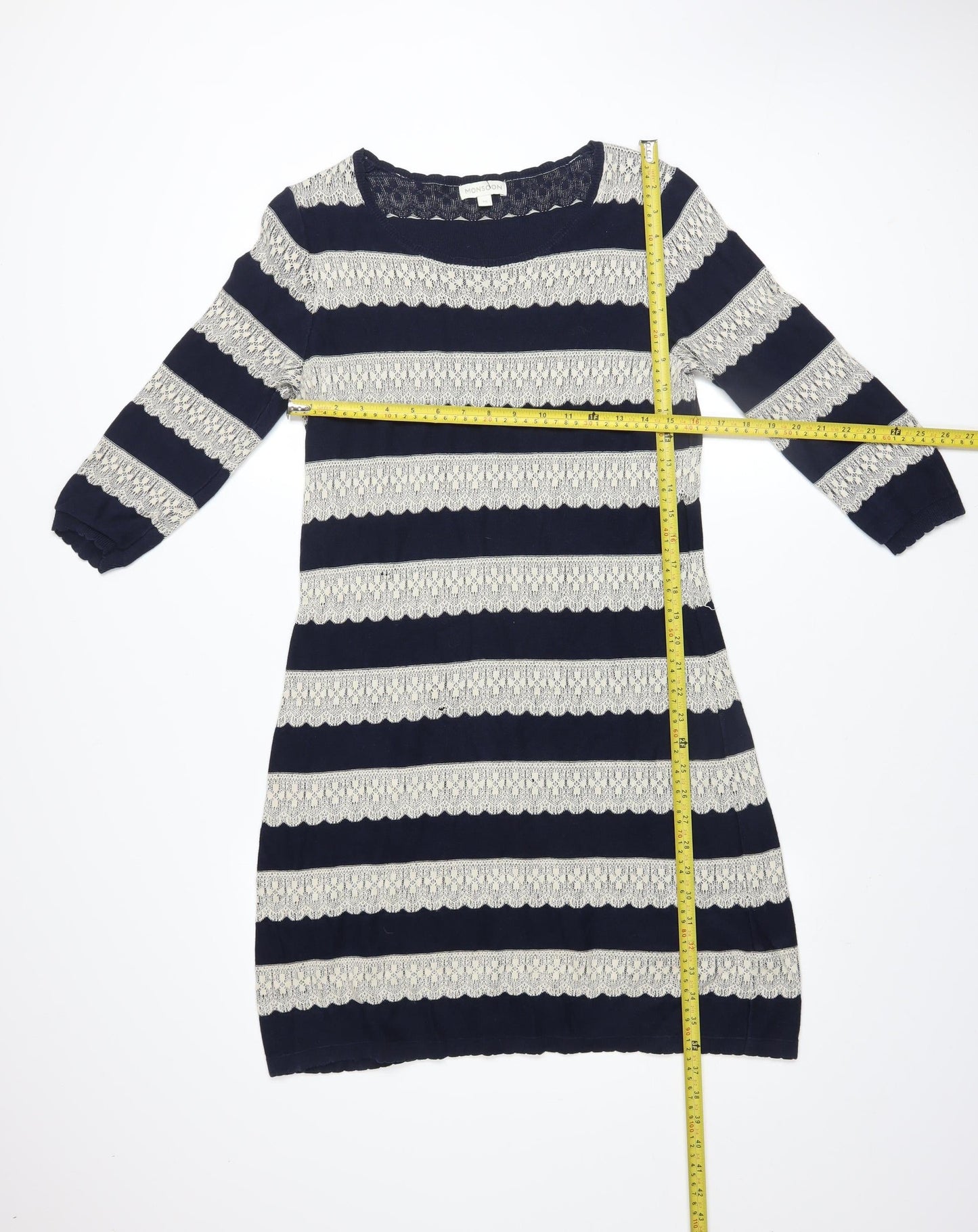 Monsoon Women Blue Striped Cotton Shift Dress Size M 3/4 Sleeve