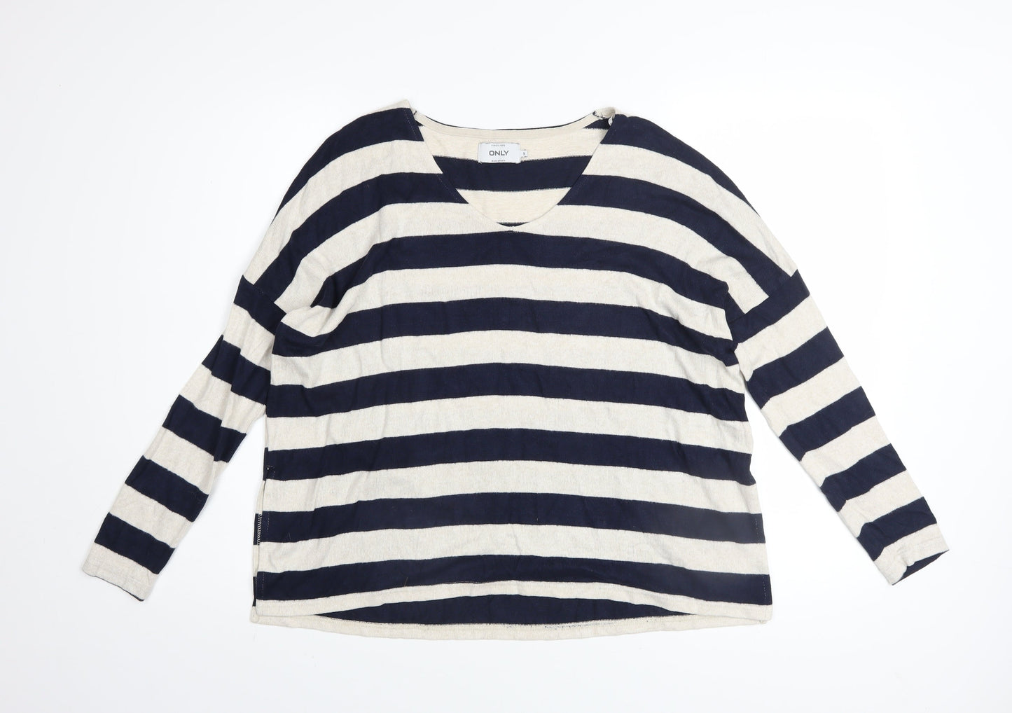 ONLY Women’s Blue Stripe Long Sleeve V-Neck Relaxed Knit Jumper Size S