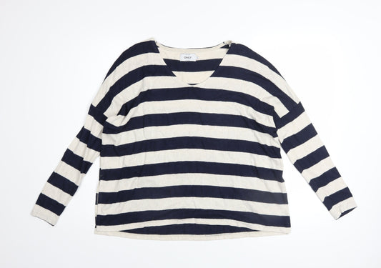 ONLY Women’s Blue Stripe Long Sleeve V-Neck Relaxed Knit Jumper Size S