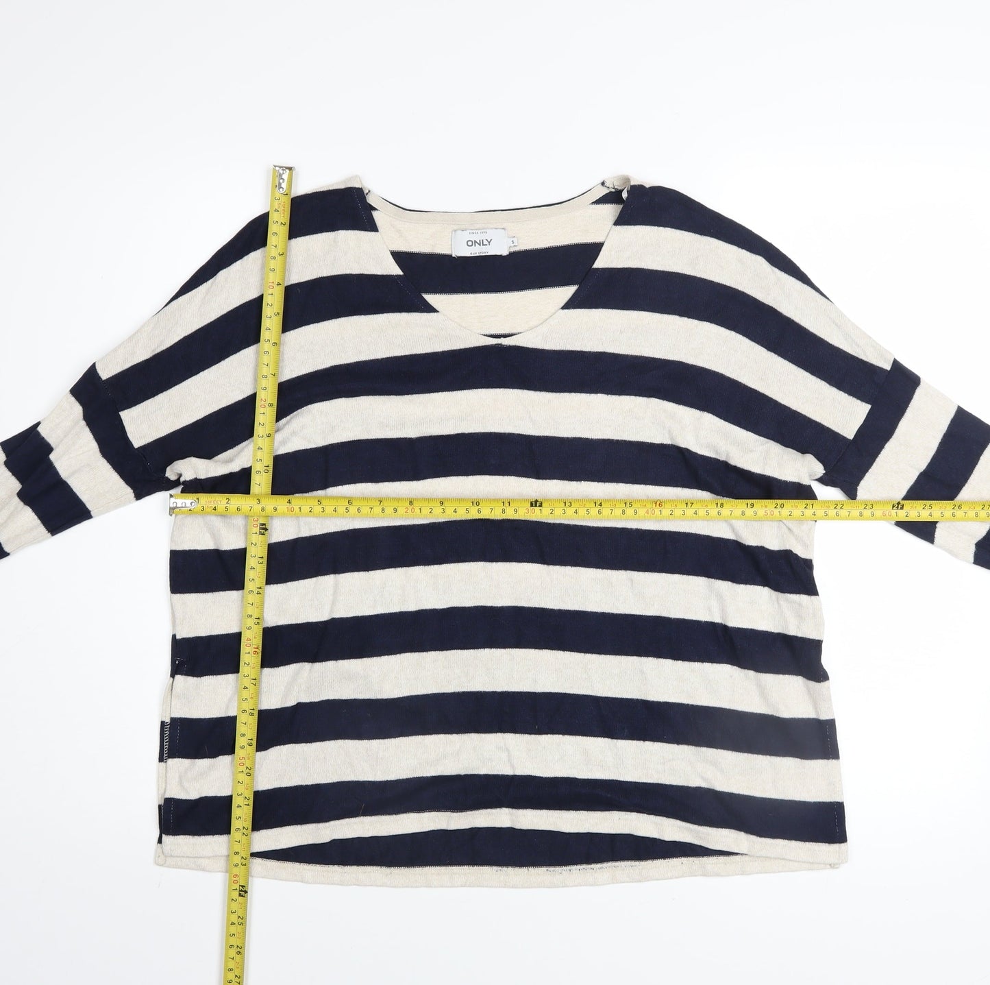 ONLY Women’s Blue Stripe Long Sleeve V-Neck Relaxed Knit Jumper Size S