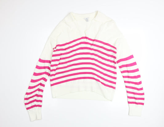 M&Co Women’s Cream Pink Striped V-Neck Long Sleeve Jumper Size 10