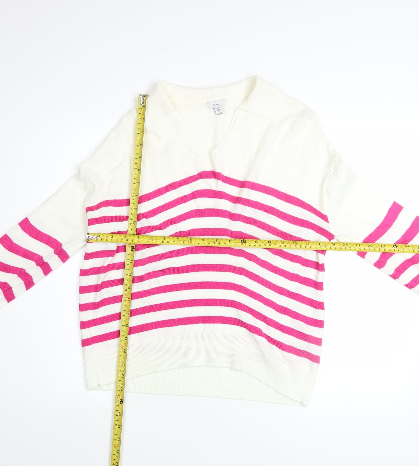 M&Co Women’s Cream Pink Striped V-Neck Long Sleeve Jumper Size 10