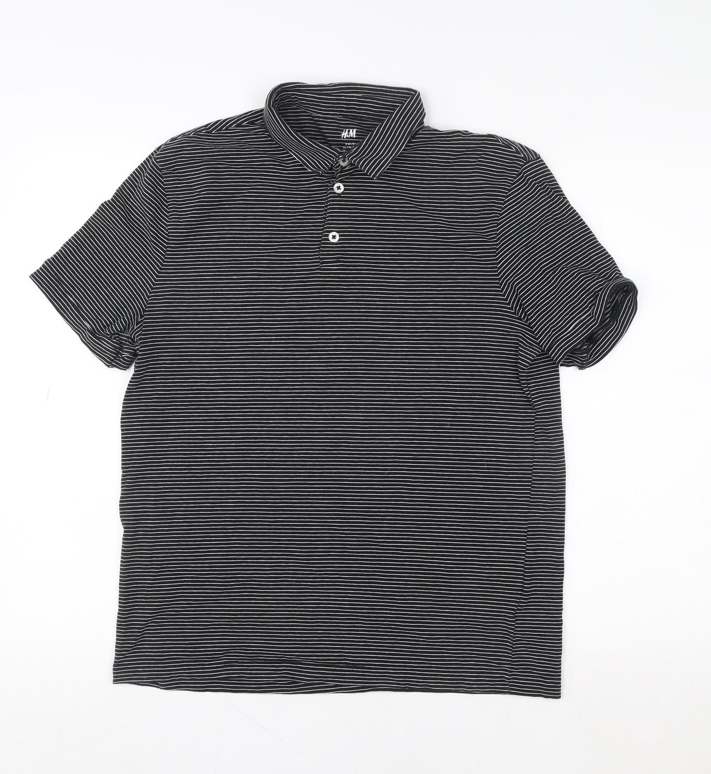 H&M Women Black Striped Polo Shirt M Slim Fit Short Sleeve