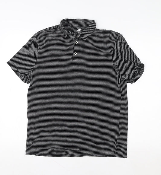 H&M Women Black Striped Polo Shirt M Slim Fit Short Sleeve