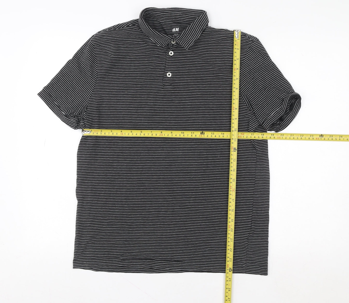 H&M Women Black Striped Polo Shirt M Slim Fit Short Sleeve