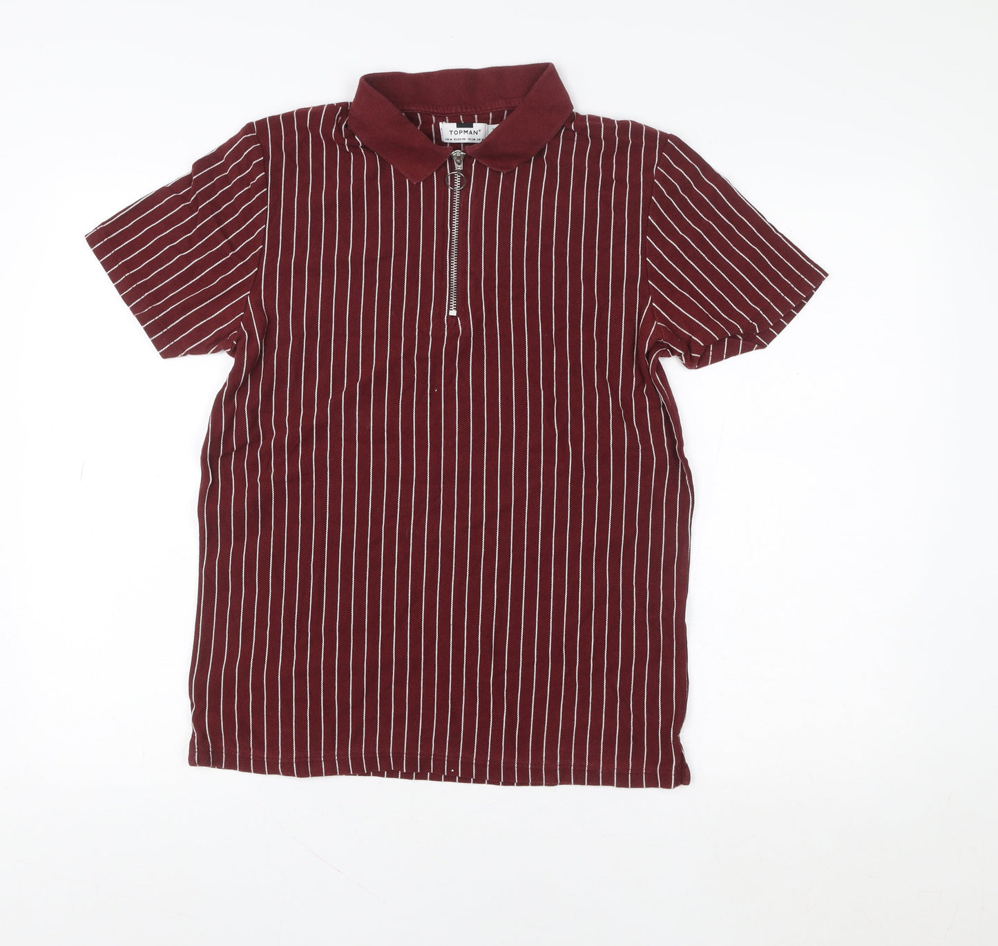 Topman Men's Red Striped Collared Zip Short Sleeve T-Shirt Size M