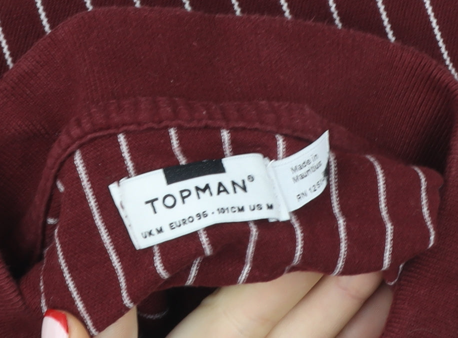 Topman Men's Red Striped Collared Zip Short Sleeve T-Shirt Size M