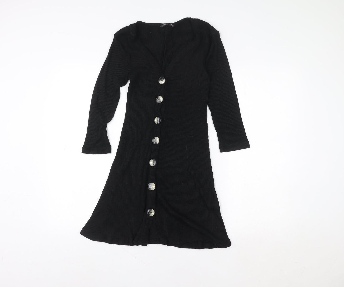 Stradivarius Womens Black Ribbed Knit V-Neck Button Dress Size 8