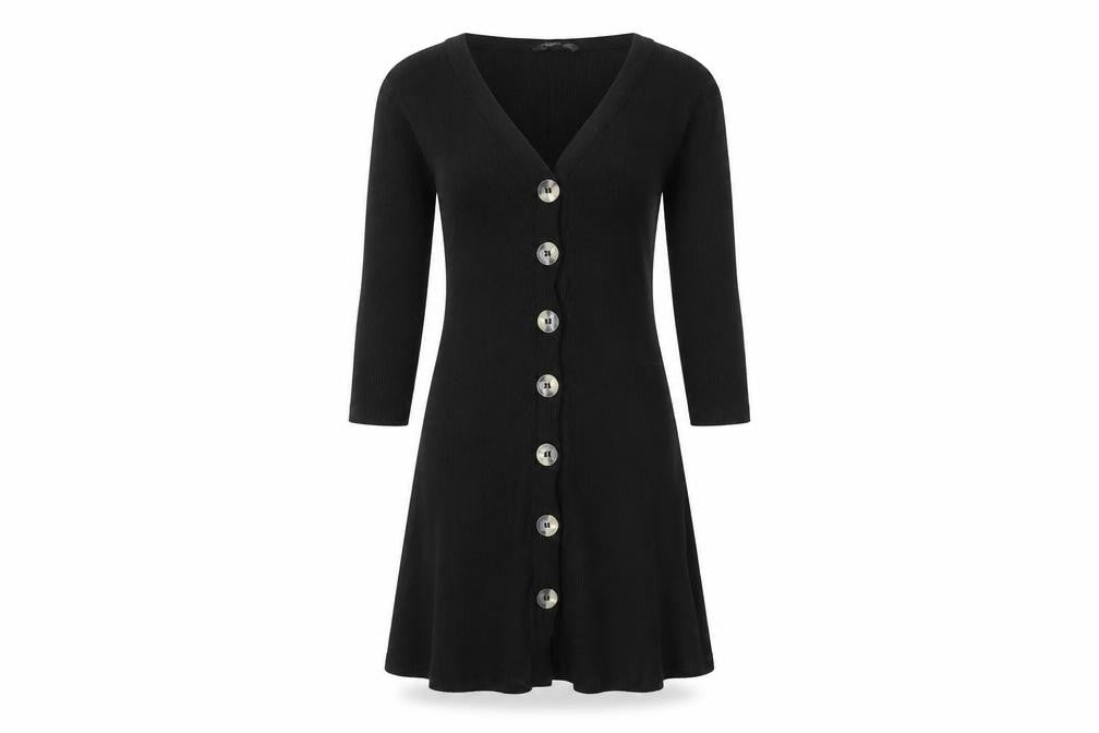 Stradivarius Womens Black Ribbed Knit V-Neck Button Dress Size 8