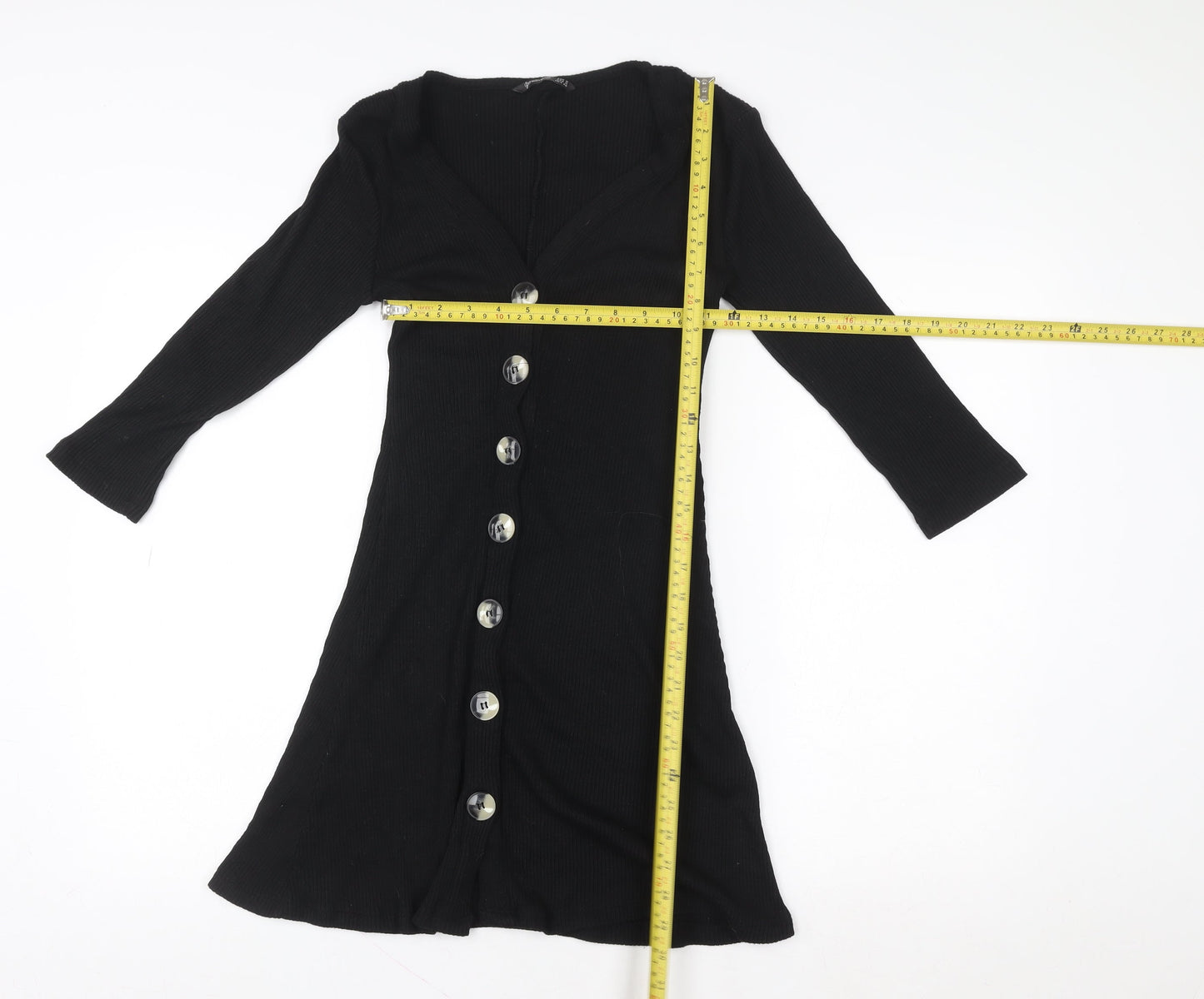 Stradivarius Womens Black Ribbed Knit V-Neck Button Dress Size 8