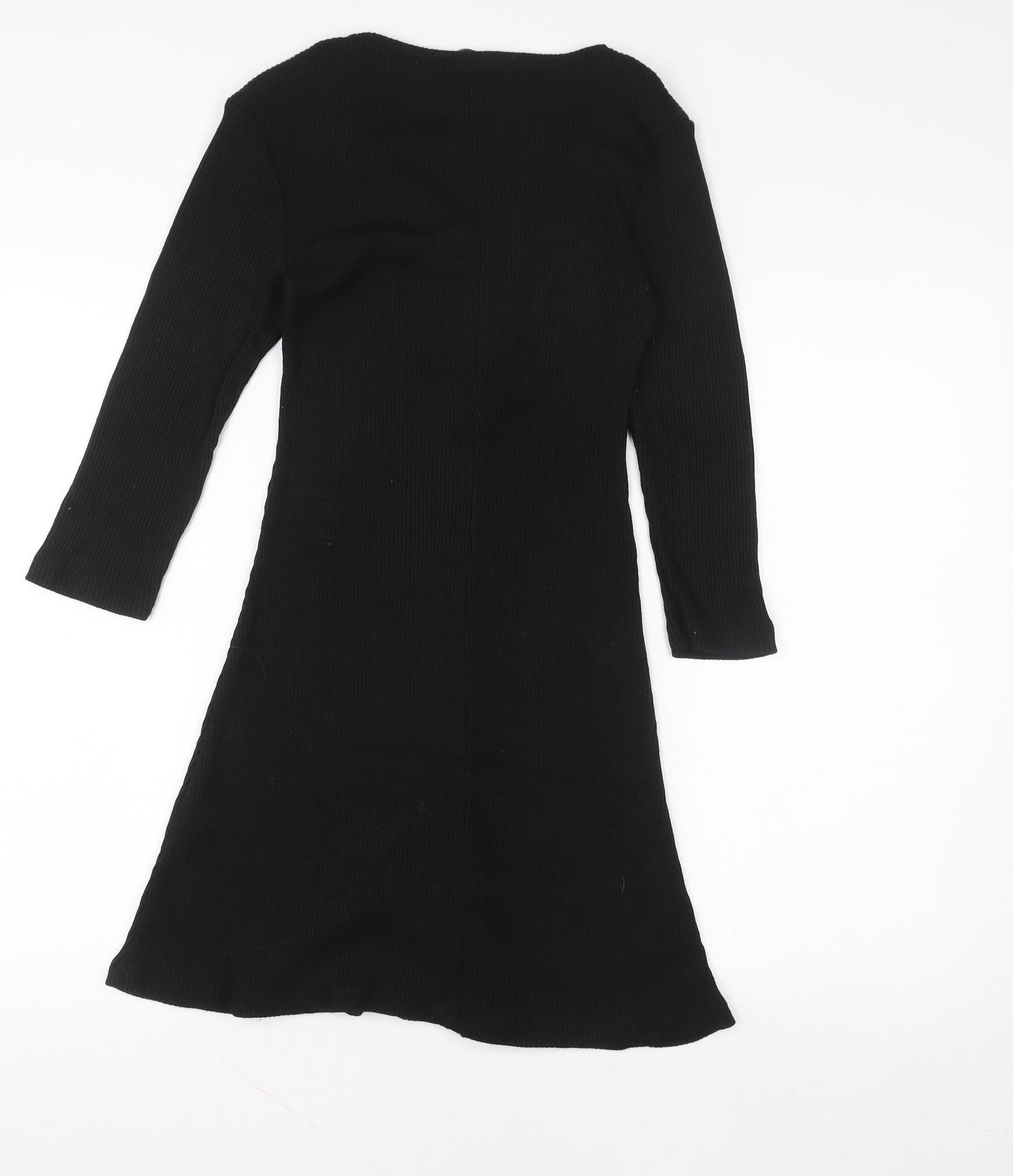 Stradivarius Womens Black Ribbed Knit V-Neck Button Dress Size 8